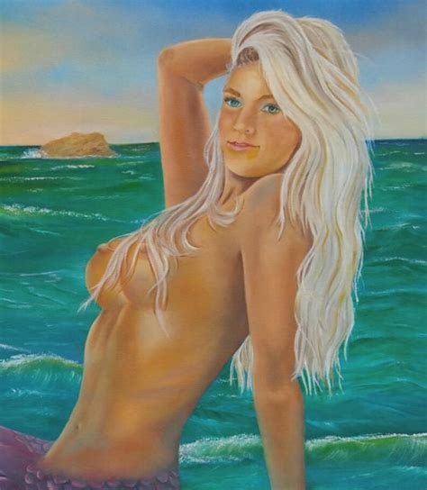 PRINT Blonde Nude Mermaid With Purple Fin Fantasy Seascape Fine Art Pacific Ocean