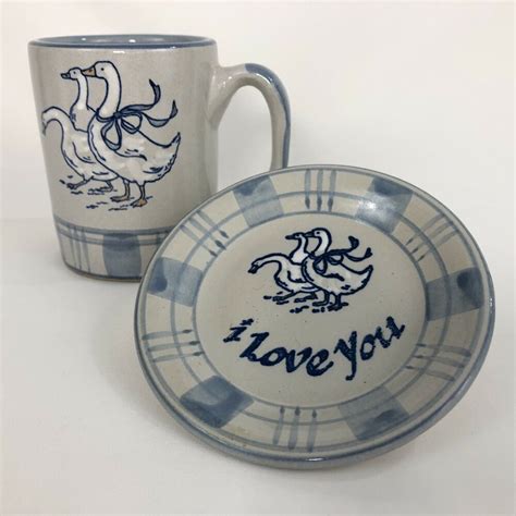 Louisville Stoneware Pottery Gaggle Of Geese Mug And Saucer Coaster I