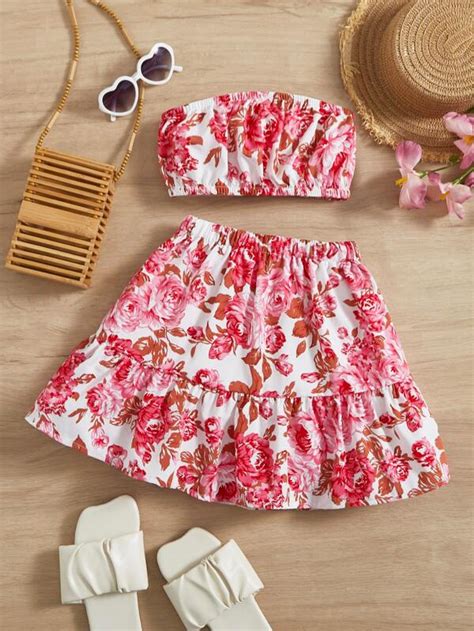 SHEIN Kids SUNSHNE Toddler Girls Floral Print Tube Top & Ruffle Hem ...