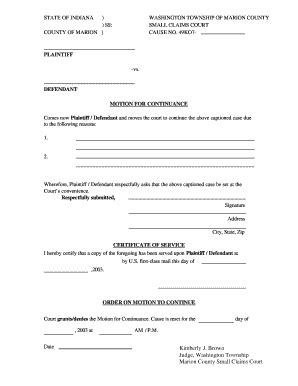 Fillable Online Plaintiff Defendant Motion For Continuance Fax Email