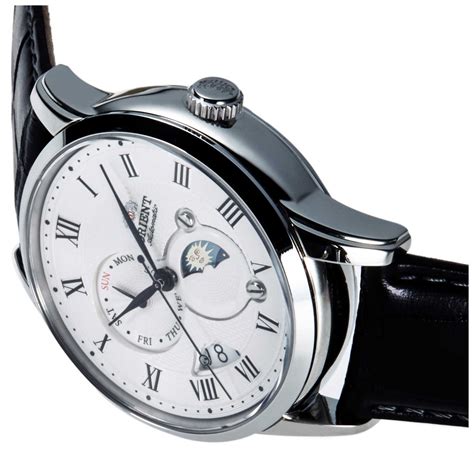 Orient Bambino Sun Moon Mechanical White Dial Black Leather Strap Men