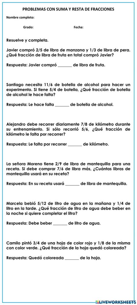 Problemas Con Suma Y Resta De Fracciones Activity Resta De Fracciones