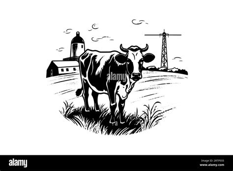 Cow On Rural Landscape Hand Drawn Ink Sketch Engraving Style Vector