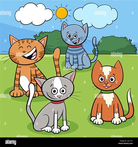 Ilustración De Dibujos Animados De Gatos Divertidos Y Gatitos Grupo De