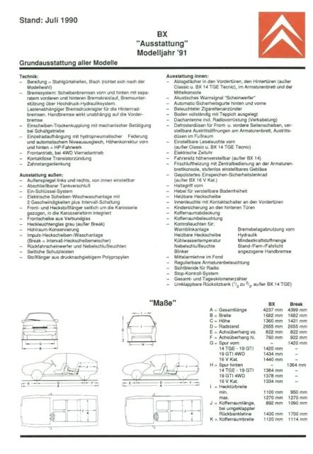 CITROEN BX AUSSTATTUNG Technische Daten Prospekt 1990 7 90 Brochure