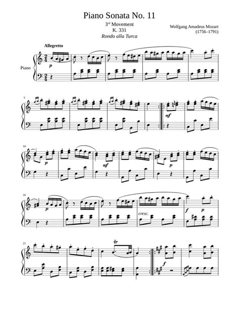 Piano Sonata No 11 K 331 3rd Movement “rondo Alla Turca” Sheet Music For Piano Solo