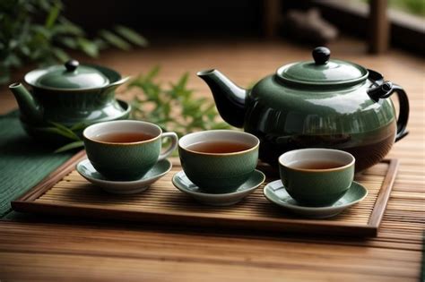 Premium Photo Japanese Tea Hot Teapot And Teacups On Bamboo Mat