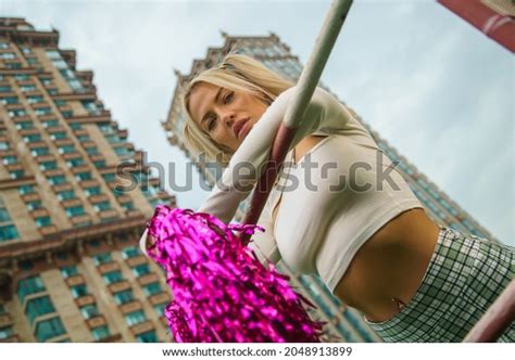 Blonde Model Sexy Cheerleader Leaned On Stock Photo Shutterstock