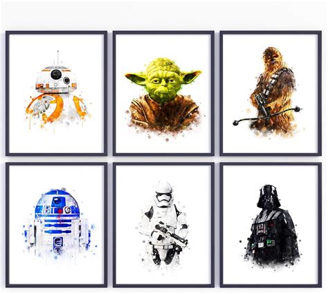 Star Wars Set Of 6 Watercolour Prints Yoda Darth Vader Chewbacca