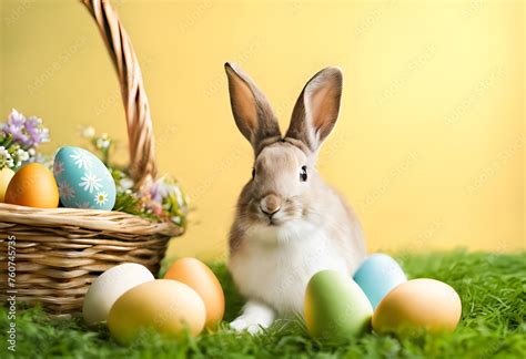 Osterhase Mit Bunten Ostereiern Und Blumen In Einem Korb Auf Wiese Mit