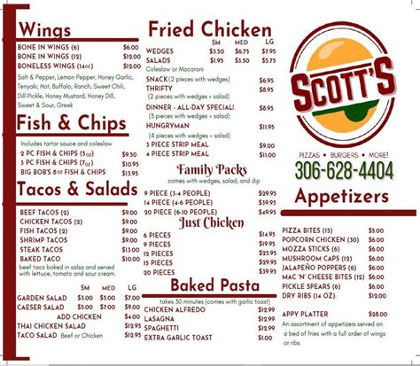 Menu at Scott's Fine Foods restaurant, Leader