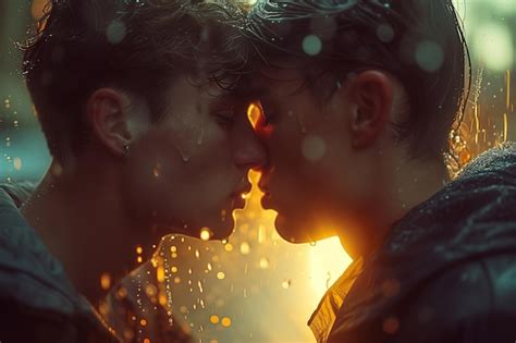Cute Photo Of A Gay Couple Kissing In The Rain Premium Ai Generated Image