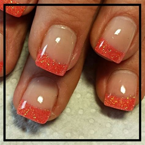 Coral Glitter Glitter Tip Nails Sns Nails Colors Diy Acrylic Nails