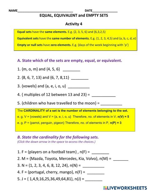 Empty, Equivalent and Equal Sets worksheet