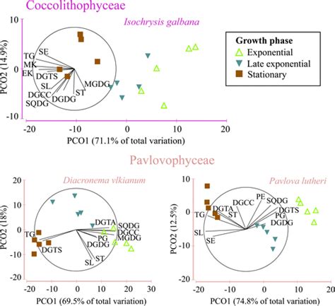 PCO ordination of culture stages in haptophyte species from the classes... | Download Scientific ...