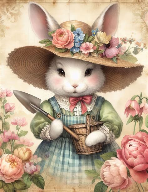 Gardening Bunnies 10 High Res Watercolor Jpgs for Junk Journaling