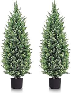 Two 3 Ft Artificial Cedar Topiary Trees UV Rated Potted Plants