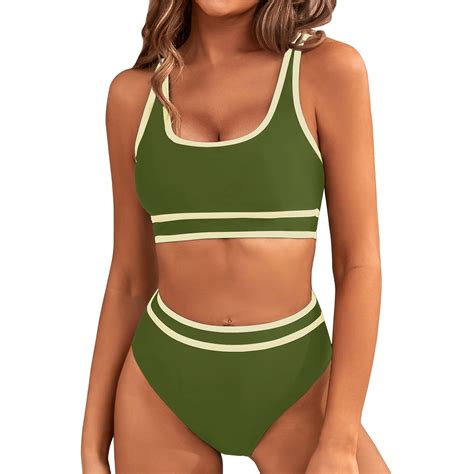 Buigttklop Women S High Waisted Bikini Sets Sporty Two Piece Swimsuits Color Block Cheeky High