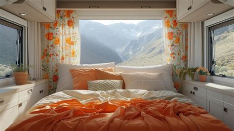 Premium Photo | Cozy RV interior with mountain view and vibrant bedding