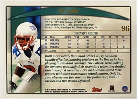 Ty Law 1998 Topps New England Patriots Football Card - KBK Sports