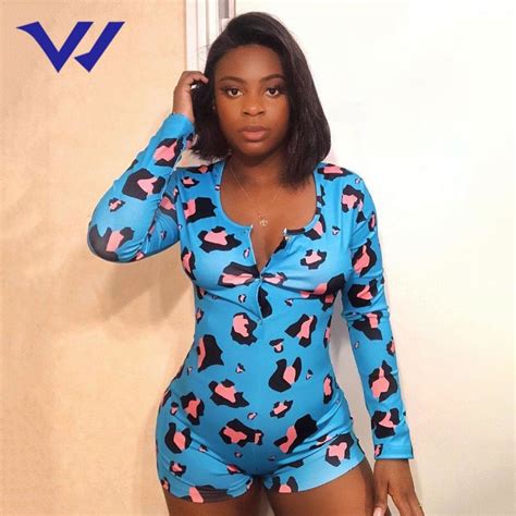High Quality Women Pajamas Sexy Deep V Neck Printed Long Sleeved One Piece Hot Pants Party