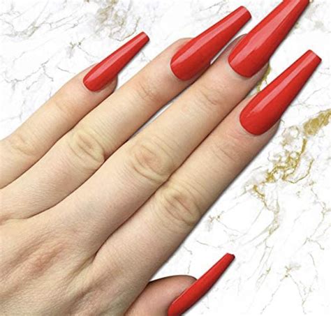 Amazon Allkem Hot Red 2 Set Bundle Extra Long Ballerina Press On Nails Glossy Extra Long