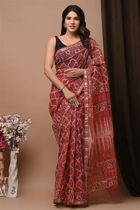 Party Wear Printed Kota Doria Handblock Print Sarees M With