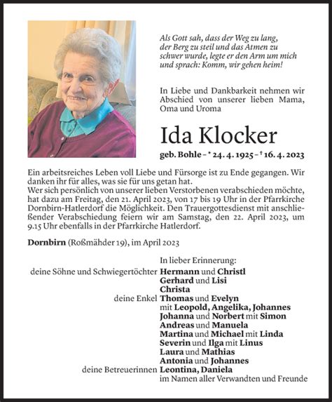 Todesanzeigen Von Ida Klocker Todesanzeigen Vorarlberger Nachrichten