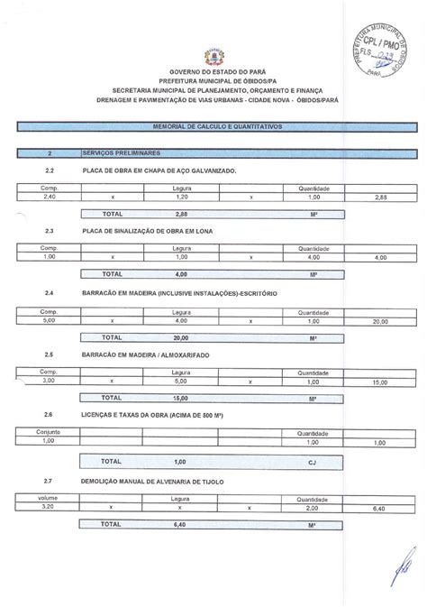 Memorial De Calculo E Quantitativos Prefeitura Municipal De Bidos