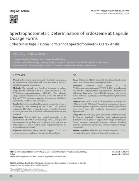 Pdf Spectrophotometric Determination Of Erdosteine At Capsule Dosage