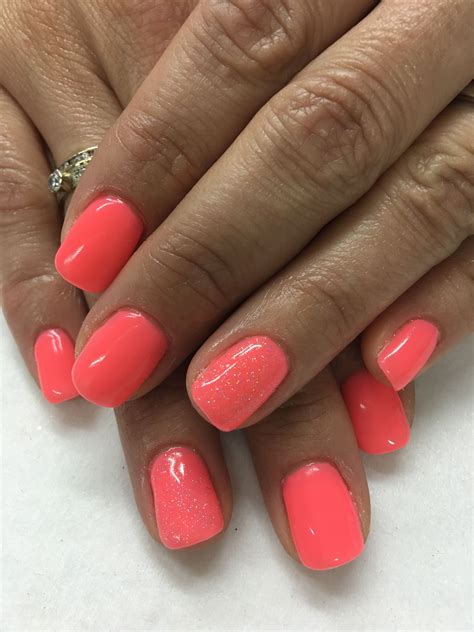 Bright Summer Coral With Baby Sparkles Gel Nails Summer Gel Nails