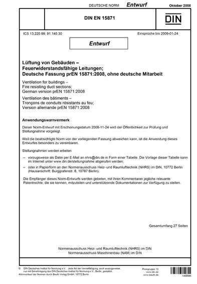 DIN EN 15871:2008 DE - Lüftung von Gebäuden - Feuerwiderstandsfähige ...