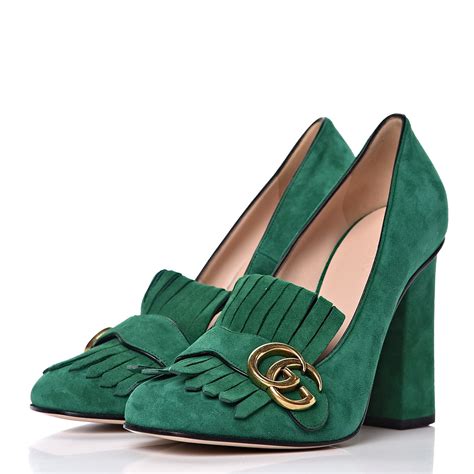 Gucci Suede Gg Marmont Fringe High Heel Loafer Pumps 37 Emerald 426294