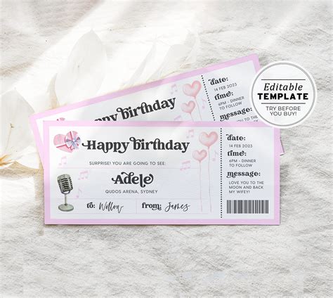 Printable Concert T Voucher Template Concert Ticket T Valentines Day Coupon Editable