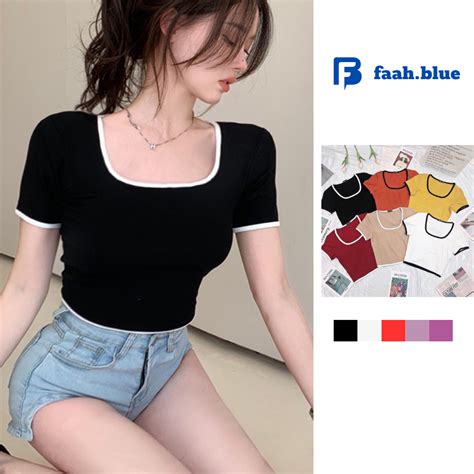 Áo Thun Croptop Nữ Mùa Hè Cổ Vuông Phối Viền Ngắn Tay Madela Trơn Ôm Nữ