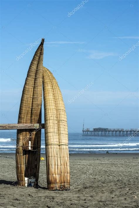 Traditional Reed Boats Caballitos De Totora Pimentel Peru Stock