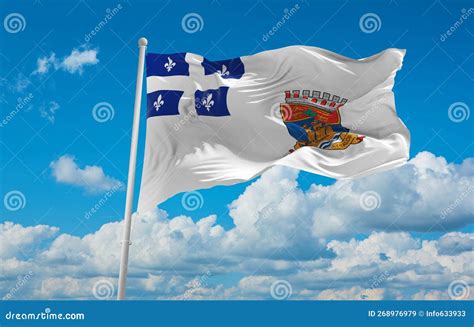 Official Flag Of Quebec City 1967 1987 Canada At Cloudy Sky Background