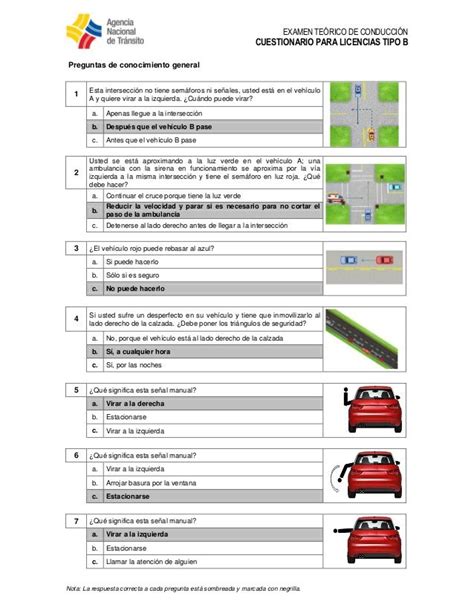 EXAMEN TEÓRICO DE CONDUCCIÓN CUESTIONARIO PARA LICENCIAS TIPO B Nota