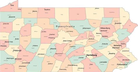 Multi Color Pennsylvania Map with Counties, Capitals, and Major Cities