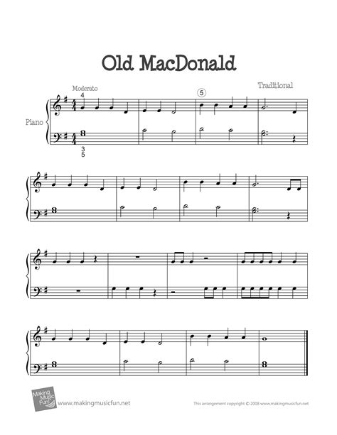 Old Macdonald Had A Farm Piano Sheet Music Printable Templates Free