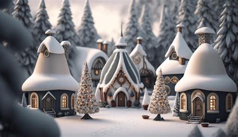 Premium AI Image | A snowy village with a christmas tree on the left and a snowy village in the ...