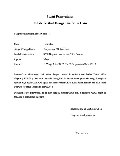 Doc Surat Pernyataan Tidak Terikat Dengan Instansi Lain