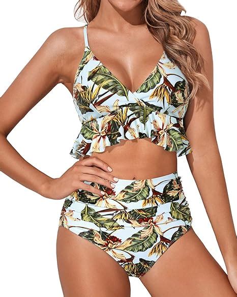 Trajes de baño de dos piezas para mujer Bikini de talle alto con volantes y volantes Cuello en V