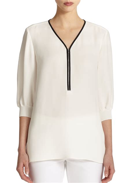 Lafayette 148 New York Tiara Zip Front Silk Blouse In White CLOUD