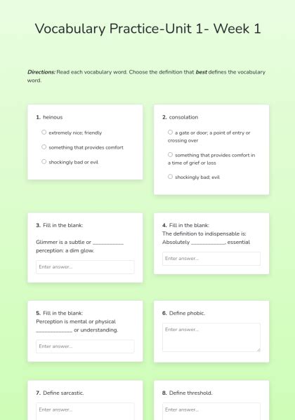 Vocabulary Practice Unit 1 Week 1 Interactive E Worksheet Quickworksheets