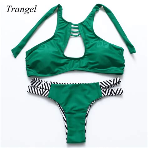 Contrast Colors High Neck Halter Bikini Green Color Women Swimwear Push