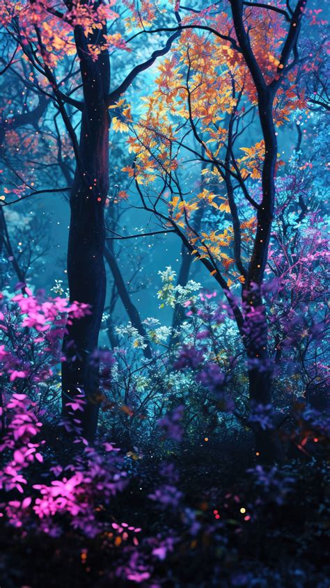 cyberpunk forest, neon lights in nature, futuristic nature wallpaper, pink and blue forest ...