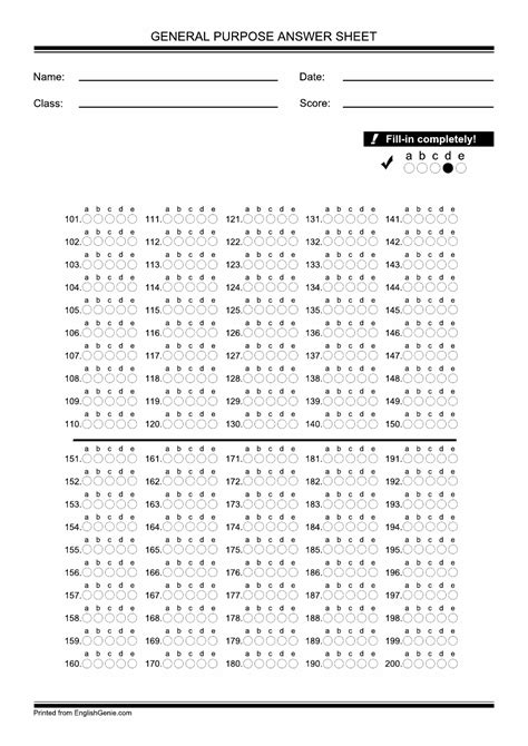 Printable Answer Sheet