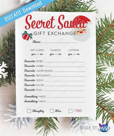 Printable Secret Santa Gift Exchange Questionnaire Christmas - Etsy