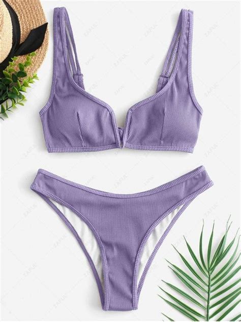 Off Zaful Piping V Wired Ribbed Bikini Swimsuit In Mauve